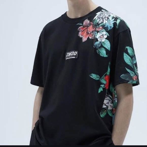 ZARA Men T Shirt 100% Cotton Size Large Black With Floral Details Super Nice ! - Picture 1 of 11